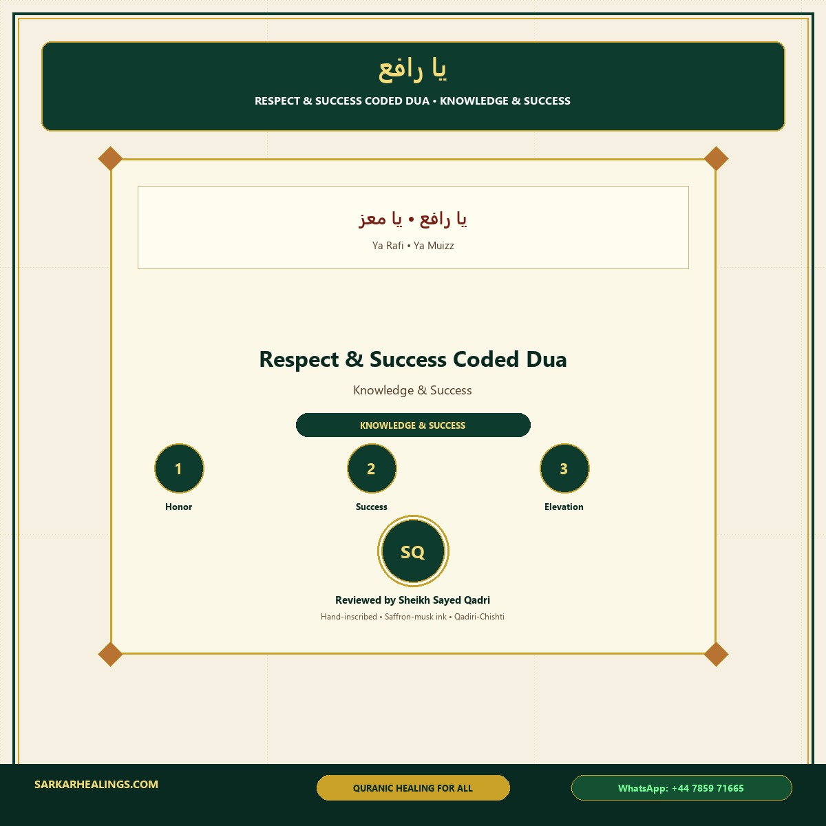 Respect & Success Taweez | Ya Rafi • Ya Muizz — Handwritten Quranic taweez for Knowledge — Sarkar Healings