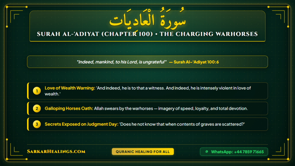 Surah Al-Adiyat Charging Horses Ingratitude Warning Wealth Love Card | Sarkar Healings